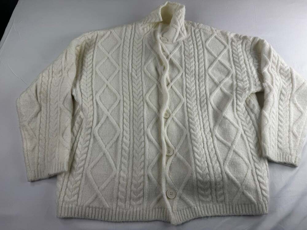 Womens Cardigan Sweater Estimated 2XL Cream Cable Knit Button Front Flaws Shown